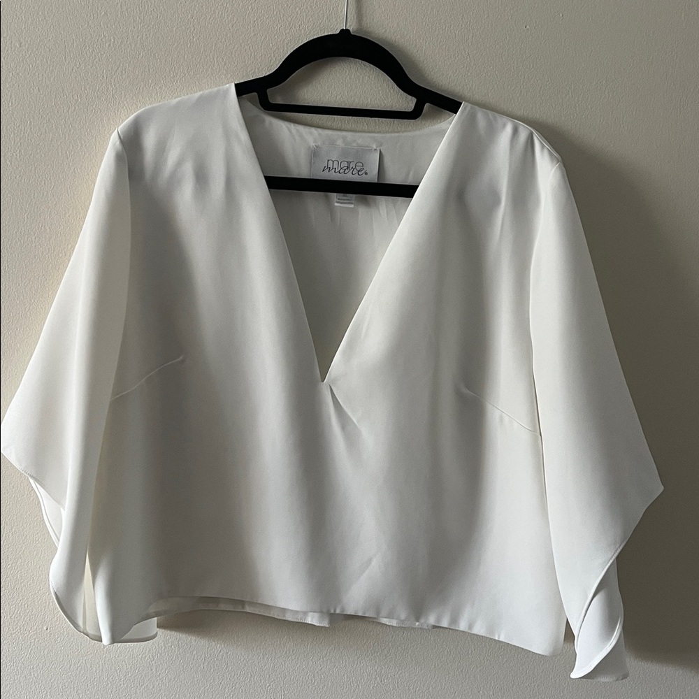 White V-Neck Flow Sleeve Women's Top